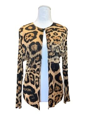 Chico’s Leopard Print Fringe Jacket Size 1 M NWT Open Front Lightweight Cardigan